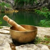 A closeup of a singing bowl placed in nature with the river in the background